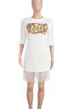White Casual Letters Fringed Trim Sequins Patchwork O Neck Straight Dresses