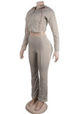 Pink Casual Solid Color Lace Up Patchwork Zipper Zipper Collar Long Sleeve Two Pieces