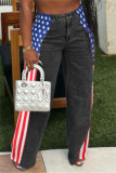 Blue Casual American Flag Print Patchwork Straight High Waist Straight Patchwork Bottoms