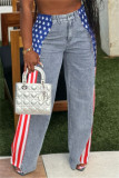 Blue Casual American Flag Print Patchwork Straight High Waist Straight Patchwork Bottoms