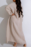 Apricot Casual Solid Color Buckle Patchwork Turndown Collar Long Dresses