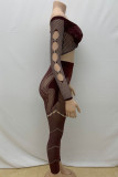Brown Sexy Solid Color Hollow Out Patchwork See-Through Off Shoulder Long Sleeve Two Pieces