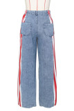 Blue Casual American Flag Print Patchwork Straight High Waist Straight Patchwork Bottoms
