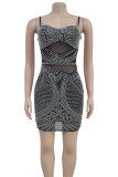 Black Sexy Solid Color Hollow Out Patchwork Backless Hot Drill Spaghetti Strap Sling Dresses