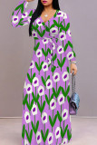 Blue Elegant Print Patchwork Strap Design V Neck Long Dresses