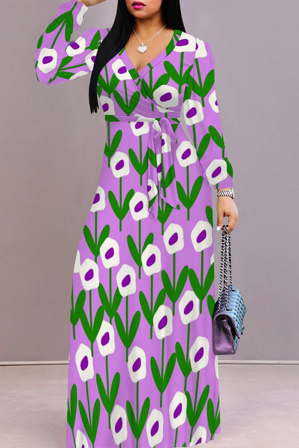 Light Purple Elegant Print Patchwork Strap Design V Neck Long Dresses