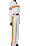 White Casual Stripe Draw String Patchwork Zipper Contrast Zipper Collar Long Sleeve Two Pieces