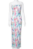 Colour Elegant Print Patchwork Backless Slit Strapless Long Dresses