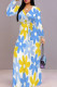 Yellow And Blue Elegant Print Patchwork Strap Design V Neck Long Dresses