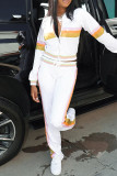 White Casual Stripe Draw String Patchwork Zipper Contrast Zipper Collar Long Sleeve Two Pieces