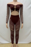 Brown Sexy Solid Color Hollow Out Patchwork See-Through Off Shoulder Long Sleeve Two Pieces
