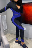 Blue Casual Patchwork Zipper Contrast Zipper Collar Plus Size Two Pieces