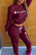 Burgundy Casual Letters Draw String Patchwork O Neck Long Sleeve Two Pieces