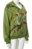 Green Casual Print Pocket Patchwork Zipper Zipper Collar Outerwear