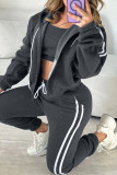 Pink Casual Stripe Draw String Pocket Patchwork Zipper Contrast Hooded Long Sleeve Three Pieces
