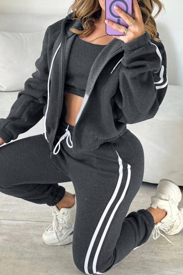 Grey Casual Stripe Draw String Pocket Patchwork Zipper Contrast Hooded Long Sleeve Three Pieces