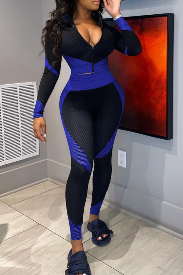 Blue Casual Patchwork Zipper Contrast Zipper Collar Plus Size Two Pieces