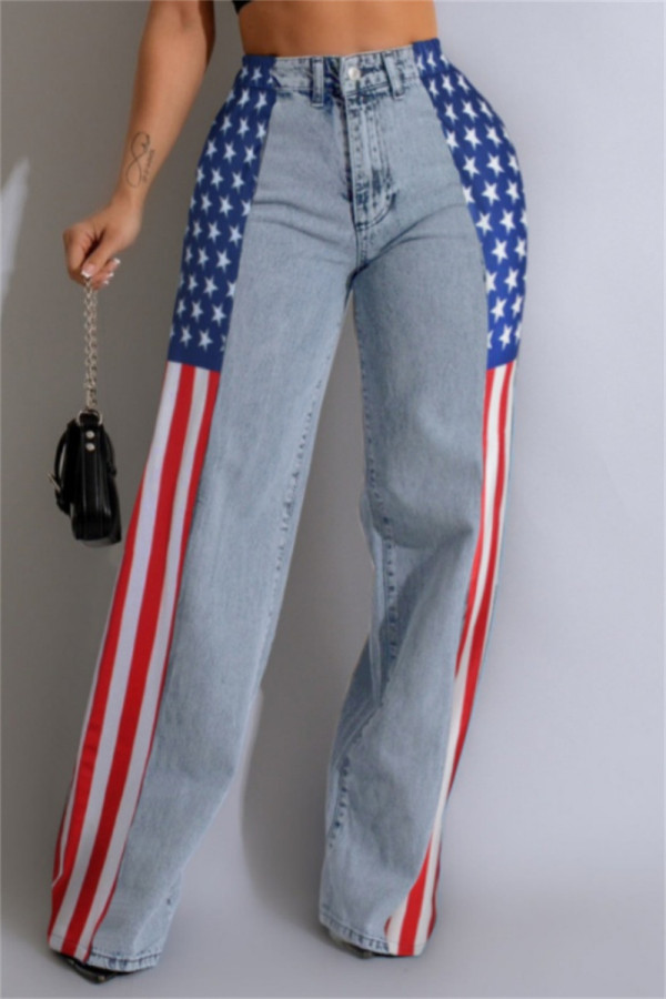 Light Blue Casual American Flag Print Patchwork Straight High Waist Straight Patchwork Bottoms