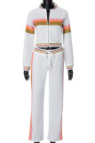 White Casual Stripe Draw String Patchwork Zipper Contrast Zipper Collar Long Sleeve Two Pieces