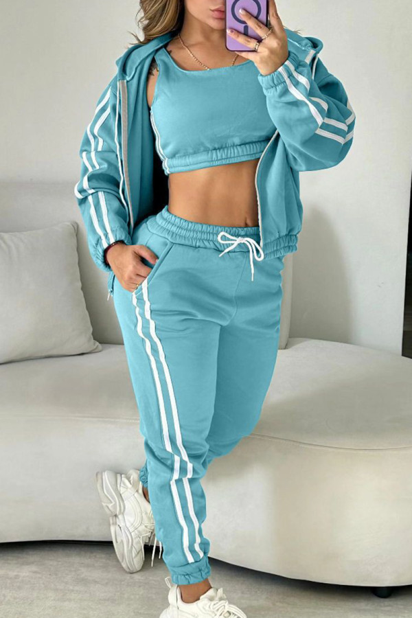 Sky Blue Casual Stripe Draw String Pocket Patchwork Zipper Contrast Hooded Long Sleeve Three Pieces