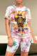 White Pink Casual Street Cartoon Print Gradient Color Letters Contrast O Neck Short Sleeve Two Pieces