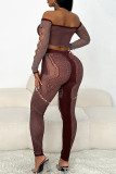 Brown Sexy Solid Color Hollow Out Patchwork See-Through Off Shoulder Long Sleeve Two Pieces