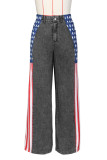 Blue Casual American Flag Print Patchwork Straight High Waist Straight Patchwork Bottoms