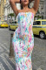 Colour Elegant Print Patchwork Backless Slit Strapless Long Dresses