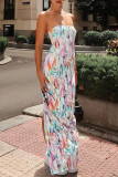 Colour Elegant Print Patchwork Backless Slit Strapless Long Dresses