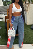 Blue Casual American Flag Print Patchwork Straight High Waist Straight Patchwork Bottoms