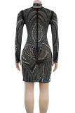 Black Sexy Patchwork See-Through Hot Drill Zipper Mandarin Collar Wrapped Skirt Dresses