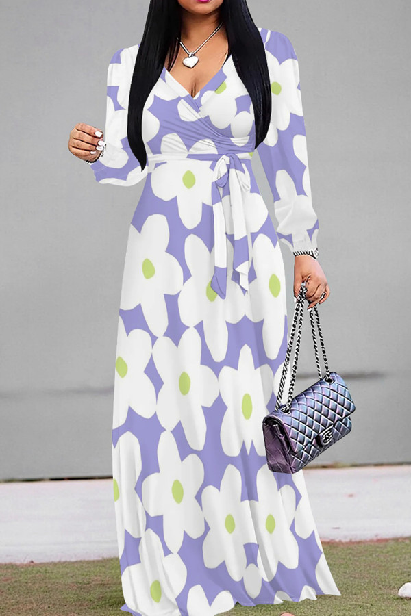 White Purple Elegant Print Patchwork Strap Design V Neck Long Dresses