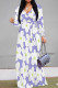 White Purple Elegant Print Patchwork Strap Design V Neck Long Dresses