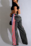 Blue Casual American Flag Print Patchwork Straight High Waist Straight Patchwork Bottoms