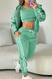 Pink Casual Stripe Draw String Pocket Patchwork Zipper Contrast Hooded Long Sleeve Three Pieces