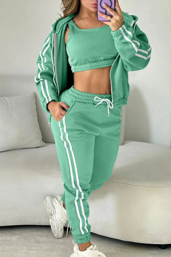 Green Casual Stripe Draw String Pocket Patchwork Zipper Contrast Hooded Long Sleeve Three Pieces