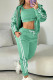 Green Casual Stripe Draw String Pocket Patchwork Zipper Contrast Hooded Long Sleeve Three Pieces