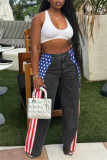 Blue Casual American Flag Print Patchwork Straight High Waist Straight Patchwork Bottoms