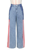 Blue Casual American Flag Print Patchwork Straight High Waist Straight Patchwork Bottoms