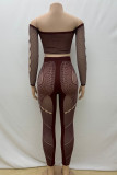 Brown Sexy Solid Color Hollow Out Patchwork See-Through Off Shoulder Long Sleeve Two Pieces