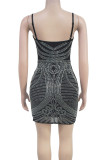 Black Sexy Solid Color Hollow Out Patchwork Backless Hot Drill Spaghetti Strap Sling Dresses