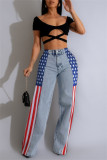 Blue Casual American Flag Print Patchwork Straight High Waist Straight Patchwork Bottoms