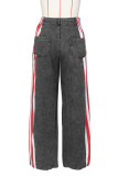 Blue Casual American Flag Print Patchwork Straight High Waist Straight Patchwork Bottoms