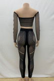 Brown Sexy Solid Color Hollow Out Patchwork See-Through Off Shoulder Long Sleeve Two Pieces