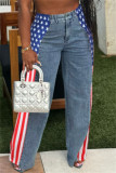 Blue Casual American Flag Print Patchwork Straight High Waist Straight Patchwork Bottoms