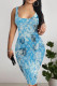 Blue Sexy Letters Patchwork U Neck Wrapped Skirt Dresses