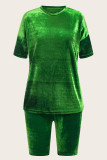 Green Casual Solid Color Patchwork O Neck Short Sleeve Two Pieces