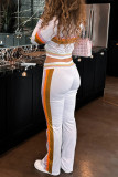 White Casual Stripe Draw String Patchwork Zipper Contrast Zipper Collar Long Sleeve Two Pieces