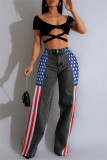 Blue Casual American Flag Print Patchwork Straight High Waist Straight Patchwork Bottoms