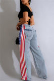 Blue Casual American Flag Print Patchwork Straight High Waist Straight Patchwork Bottoms
